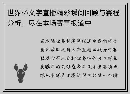 世界杯文字直播精彩瞬间回顾与赛程分析，尽在本场赛事报道中
